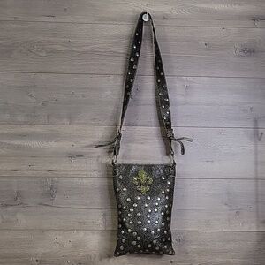 Bridget Shuster Brown Leather Brass Studded Crystal Crossbody Shoulder Bag Purse